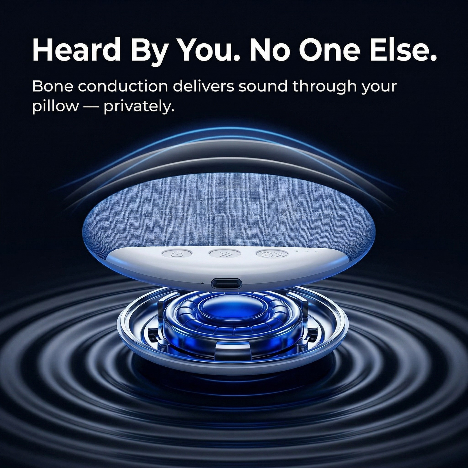 Bone conduction device with text 'Heard By You. No One Else.' on a dark background